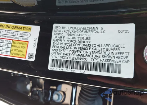 2025 Honda Accord Lx из США, поврежденный, VIN 1HGCY1F28SA049790